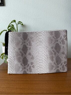 3AM Forever Chic Faux Snakeskin Large Clutch Gray White Black Suede Tassel